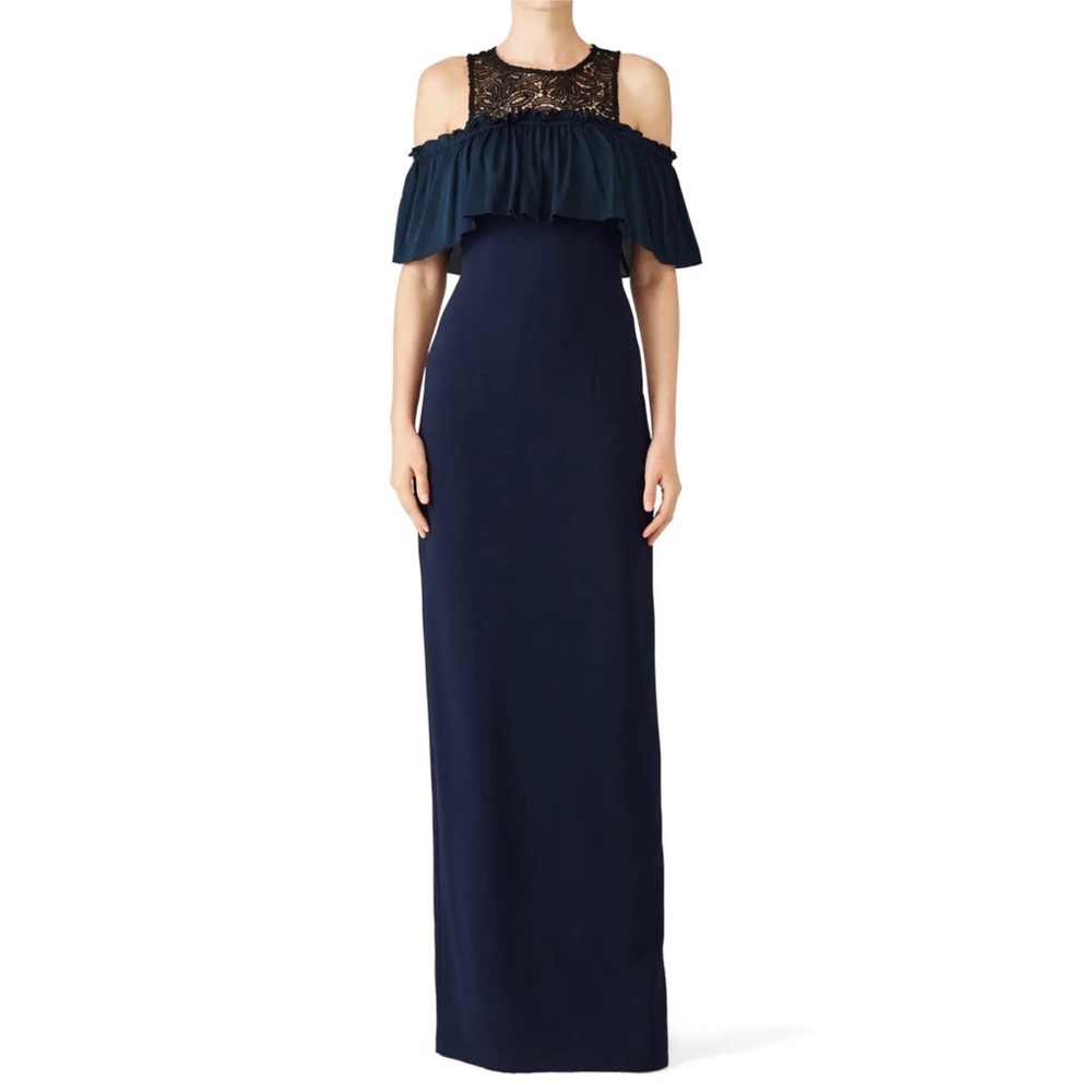 NWT Trina Turk cold shoulder floor length navy and black dress, size 8